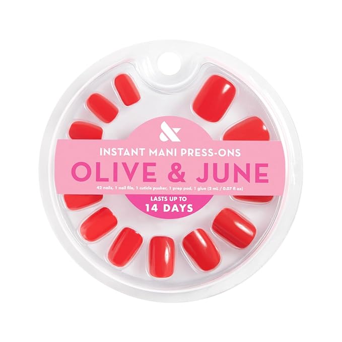 Olive & June Instant Mani Press-On Nails (Glue) | 42 Fake Nails, 21 Sizes | Non-Toxic, Long-Lasting Recycled Materials Realistic Look | Salon-Quality at Home | Short, Squoval | CV Cherry Red