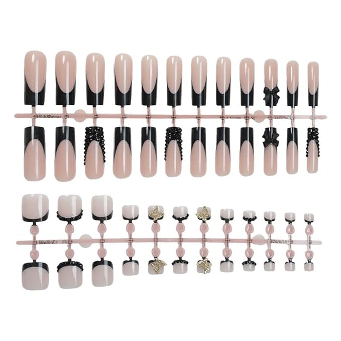 48Pcs Black French Tips Press on Nails Rhinestone Press on Toenails Long Square Fake Nails with Black Bow Charm Design 3D Butterfly False Toenails Glossy Summer False Nails for Women DIY Manicure