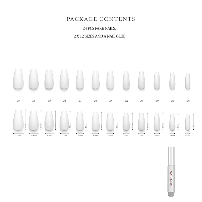 Hypnaughty 24 Pcs Santorini White Matte Luxury Coffin Press on Nails with Glue Medium Long Reusable & Customizable False Nails (Santorini)