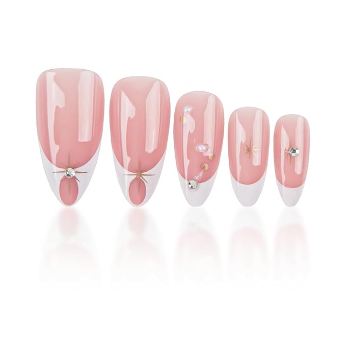 White French Tip Press on Nails Almond - Medium Fake Nails with Starburst Design - Glossy Full Cover Stick on Nails - for Women Manicure 24 Pcs