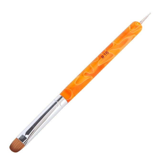 French Manicure Brush - Two Way Nail Art Brush with Dotting Tool for Cuticle Clean Up & Design - Professional Salon Quality, Dotting Pen (16#, Orange)