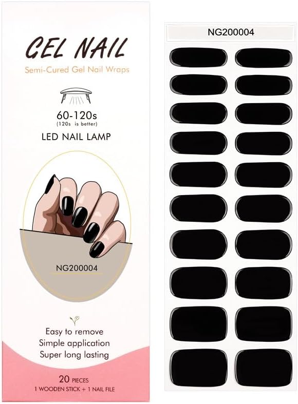Semi Cured Gel Nail Strips 20 Pcs Black Nail Wraps, Stickers, UV Light Required Nail Art Design Decoration Accessories