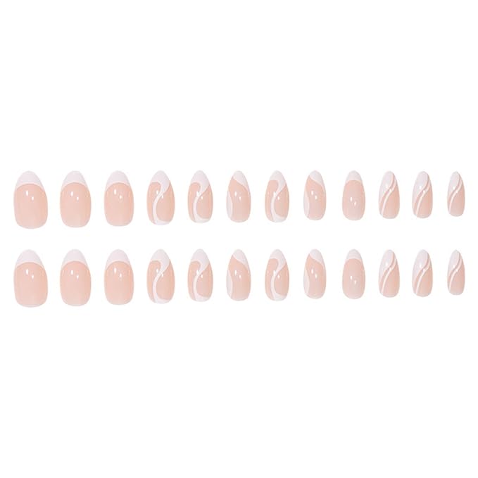 White French Tip Press on Nails Medium Almond Fake Nails Nude False Nails Press ons with Swirl Wave Line Designs Glossy Full Cover Glue on Nails Acrylic Stick on Nail for Women Manicure 24Pcs