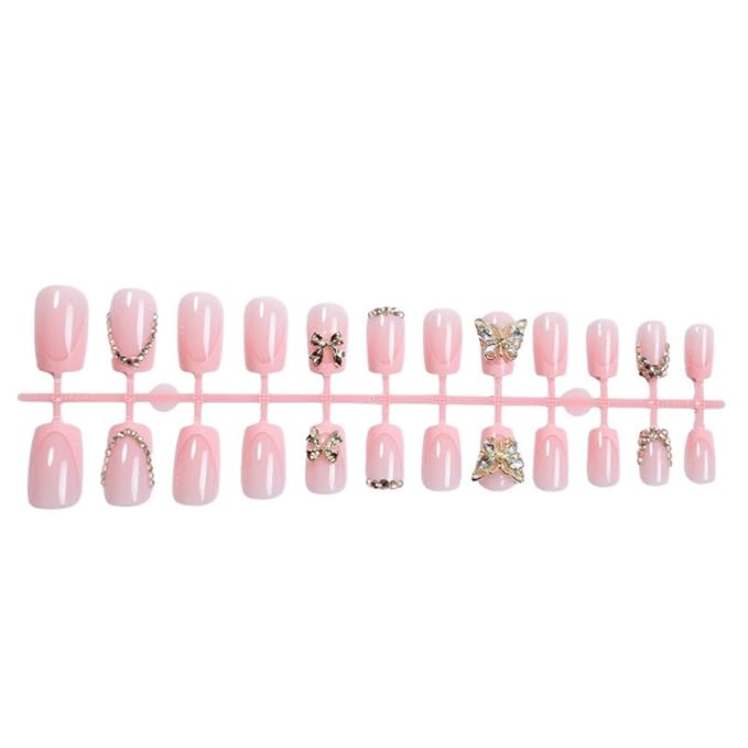 Butterfly Press on Nails - Short Square Fake Nails - Pink French tips Glue on Nails Gold Bow Rhinestone Stick on Nail Glossy Reusable False Nail for Women Manicure 24pcs