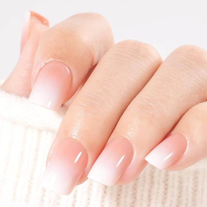 Brown Nude Ombre Press On Nails Short Square, Gradient French Tip Designer Fake Nail Reusable Real Acrylic Nails for Women, Glossy Soft Gel False Nail with Glue On Nails,Wedding Stick On Nail