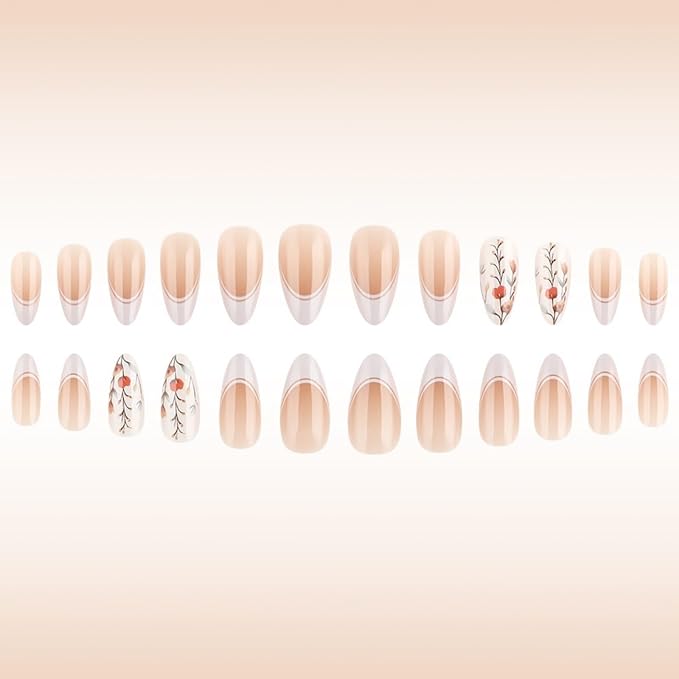 Medium Press on Nails Almond Fake Nails French False Nails White Artificial Nails with Floral Designs Acrylic Nail Press ons Cute Stick on Nails for Women 24pcs