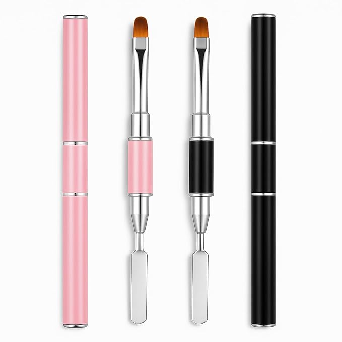 2Pcs Dual-Ended Nail Art Brush and Spatula Set - Pink & Black UV Gel Nail Tools for Poly Extension, Sculpture Gel - Manicure Design Kit for Salon & DIY Use