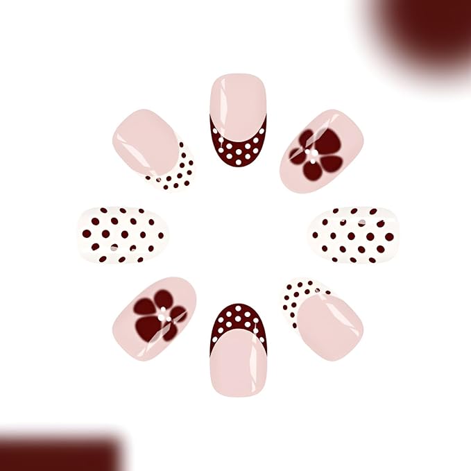 Polka Dot Fake Nails Short Almond Press on Nails French Tip Glue on Nail Flower False Nails Glossy Full Cover Nails Press Ons DIY Acrylic Stick on Nail for Women and Girls Decorations Set 24Pcs