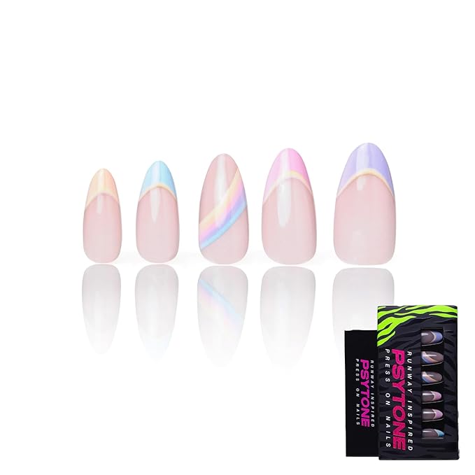 PSYTONE Colorful French Tip Press on Nails Short Square Cute Rainbow Fake Nails Press ons Glossy Full Cover Glue on Nails Natural Nude False Nails Acrylic Stick on Nails for Women Girls 30 Pcs