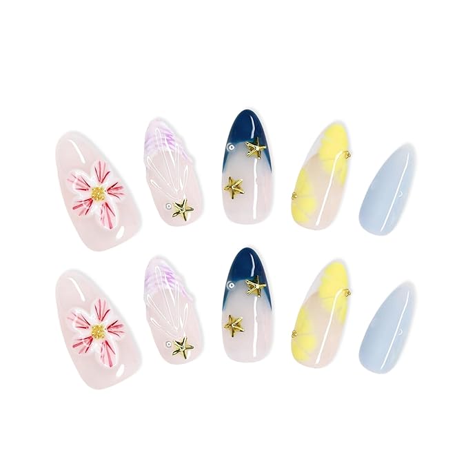 Handmade Press on Nails 3D Pink White Flower Fake Nails Salon Quality Medium Almond Acrylic Nail French Summer Starfish False Nails Designs Full Cover Stick on Nail for Women（Size M）