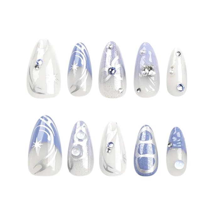 Blue Almond Water Ripple Press-On Nails 24pcs (12 Sizes) with Silver Bows & Glue, Glossy Finish