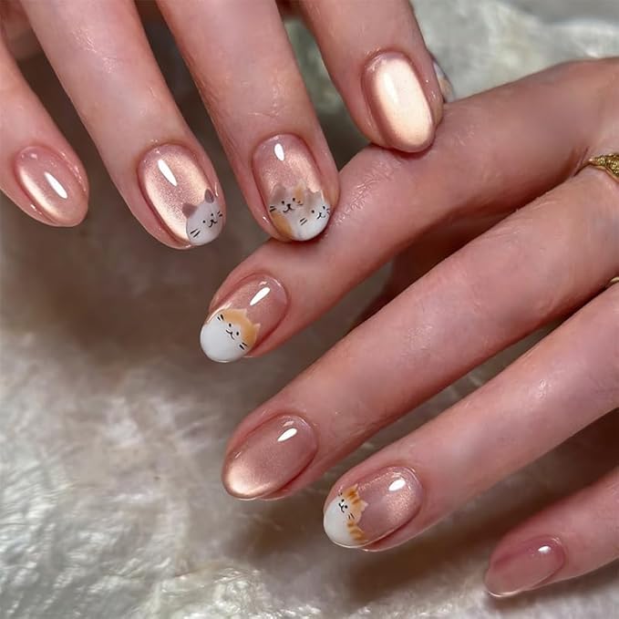 Cute Cat Press On Nails - Glitter Beige Kawaii Animal Fake Nails | Reusable Adhesive Art Manicure Kit (30 Pcs, Note: Slightly Smaller Size)