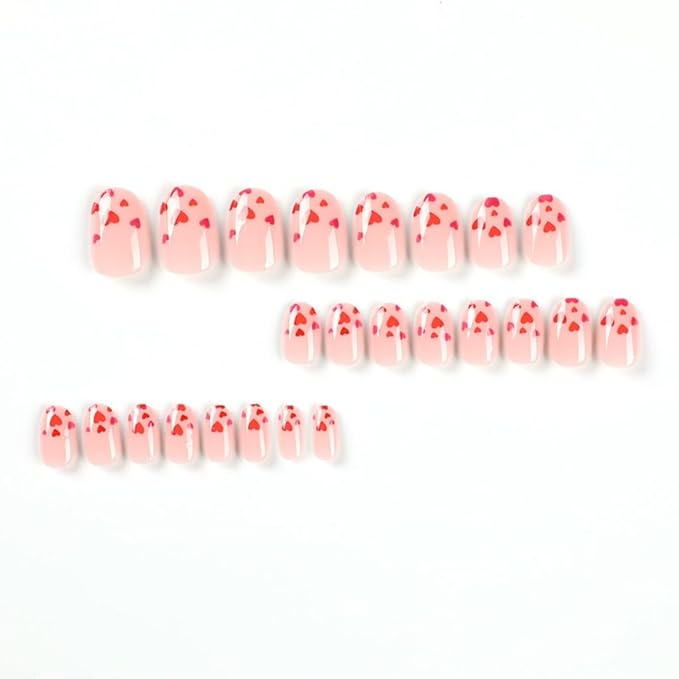 Press on Nails Almond - Medium Fake Nails with Red Heart Desgin - Glossy, Full Cover Stick on False Nails for Women - 24 Pcs