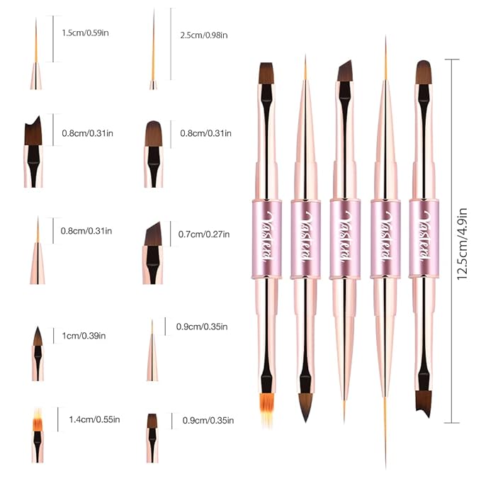 Nail Art Brushes Set Double-Ended Nail Art Tools with Nail Extension Gel Brush, Builder Gel Brush, Nail Art Liner Brush and 3D Nail Art Decorations Brush for Salon at Home DIY Manicure Set of 5Pcs