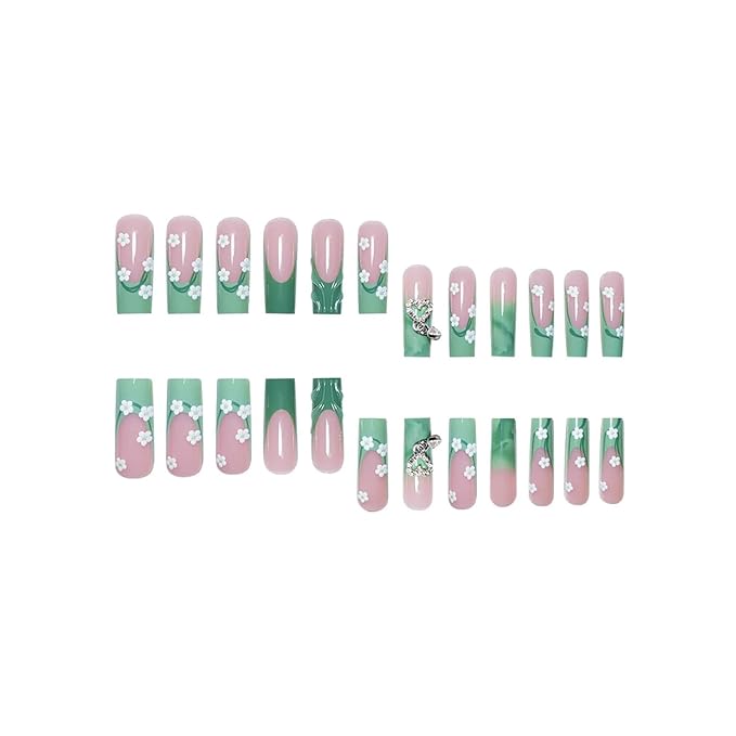 Press on Nails Coffin Long Length Acrylic Glossy Full Cover Square Shaped French False Nails with Designs Artificial Extra Long Fake Nails with Charms Glue ons Fingernails for Women(C142)