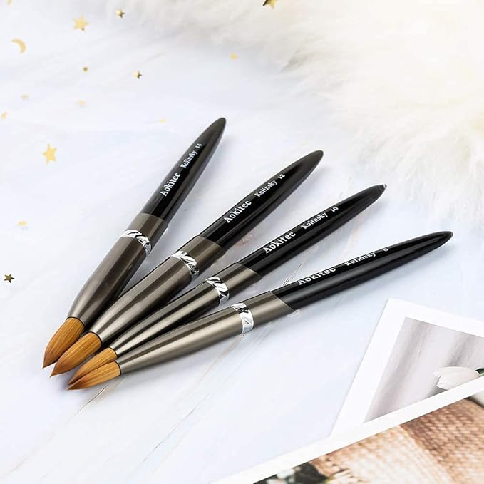 Aokitec 100% Kolinsky Acrylic Nail Brush #10 Oval Crimped Sable Acrylic Brush Wood Nail Art Brush for Acrylic Application Manicure Tool（Black）