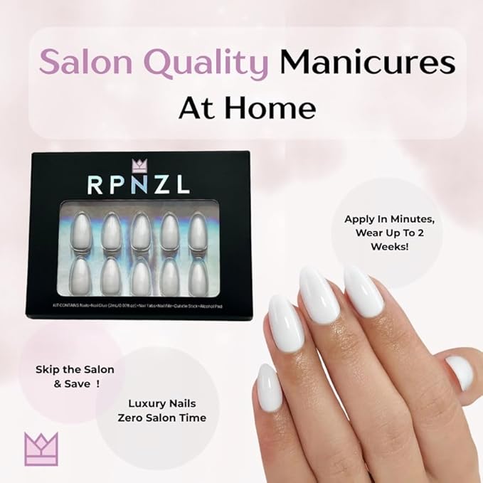 Press On Nails - Coconut | Opaque White Medium Almond Nails, Salon Quality | 32 Nails, 16 Sizes Kit with Glue and Adhesive Tabs I Female Founded - Beauty, Self Care