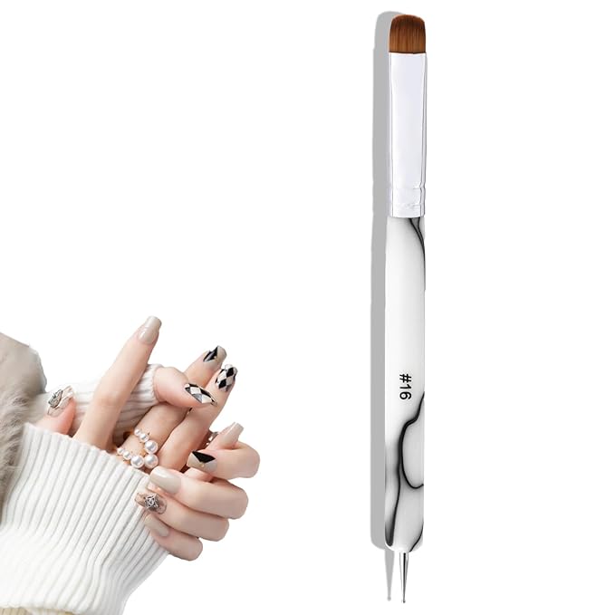 French Manicure Brush -2 Way Nail Art Brush with Dotting Manicure Tool for Manicure Cuticle Clean Up Nail Art Design- Professional Nail Salon Quality Brush, Nail Dotting Pen (White, 16#)