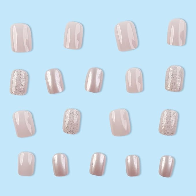 Short Square Press on Nails Pink Fake Nails Glossy False Nails Press ons with Glitter Design Reusable Artificial Nail Full Cover Glue on Nail Stick on Nails for Women Manicure 24Pcs