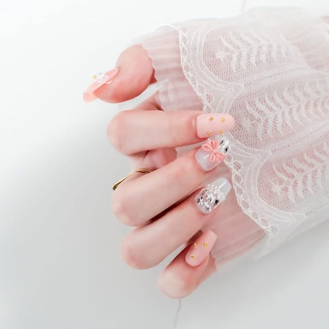 Sun&Beam Nails Handmade Short Medium Coffin Ballerina Pink False Nail Tips with Cute 3D Pearl Ribbon Popular Charm Design Press On 10 Pcs (#50 XS), FN-HM-050-XS.AU