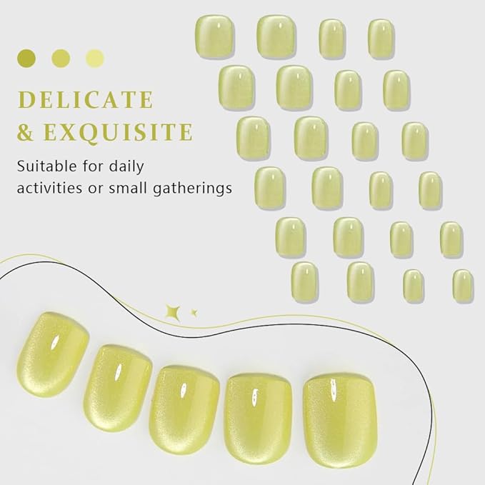 evpct Light Green Cat Eye Extra Short Press on Nails Square, Petite Short Square Stick on Nails for Women Gift, Avocado Metallic Glitter Glossy Reusable Gel Press on Acrylic Fake Nail with Designs
