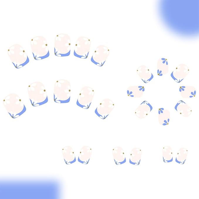 White French Press on Nails Short Square Fake Nails 24 Pcs Kit False Nails with Flowers Designs Press Nude Artificial Glue on Nails Glossy Nail Tips Full Cover Acrylic Stick on Nail for Women