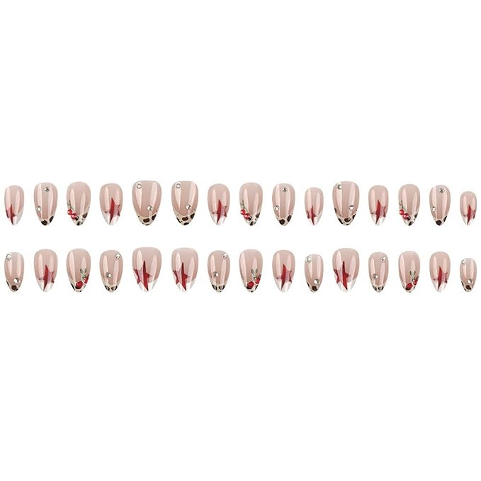 Almond Press on Nails Short Length MABKJLF French Tip Fake Nails False Nails with Stars Leopard Print Rhinestones Cute Cherry Designs Glossy Glue on Nails Stick on Nails for Women Girls 30Pcs