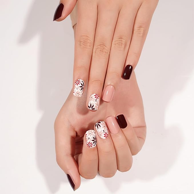 Semi Cured Gel Nail Strips - 20Pcs Brown UV Gel Nail Wraps with Fall Leaves Design, Long Lasting Salon-Quality Stickers, Includes Nails File & Wooden Stick - UV/LED Lamp Required