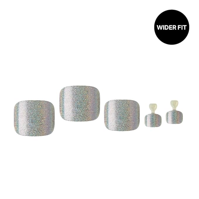 GoldFinger Trendy Press On Fake Toenail Kit Wider Fit, Shine Glazed Glitter Metallic Silver Color, Ready to Wear Gel & Manicure Stick, Mini Glue included, Long-Lasting Convenient & Easy to Apply