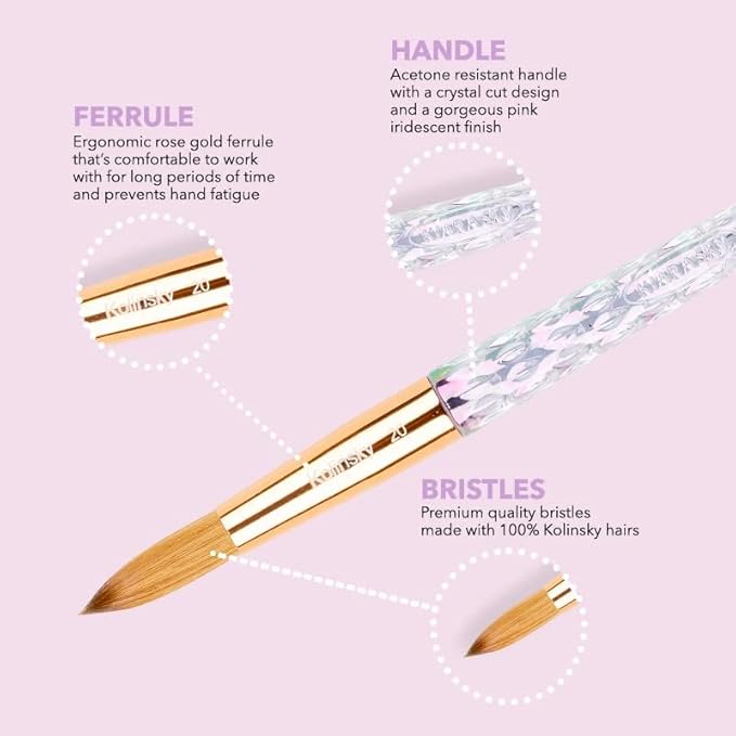 Kiara Sky Acrylic Brush #14 - Clear | 100% Pure Kolinsky | Crystal Cut Handle and Acetone Resistant