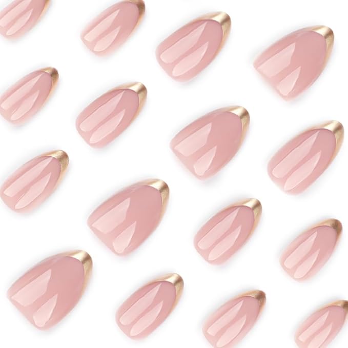 Gold Press on Nails Medium Almond Fake Nails Press ons French Tip False Nail with Designs Glossy Full Cover Acrylic Artificial Stick on Nails Reusable Glue on Nail for Women Manicure 24Pcs