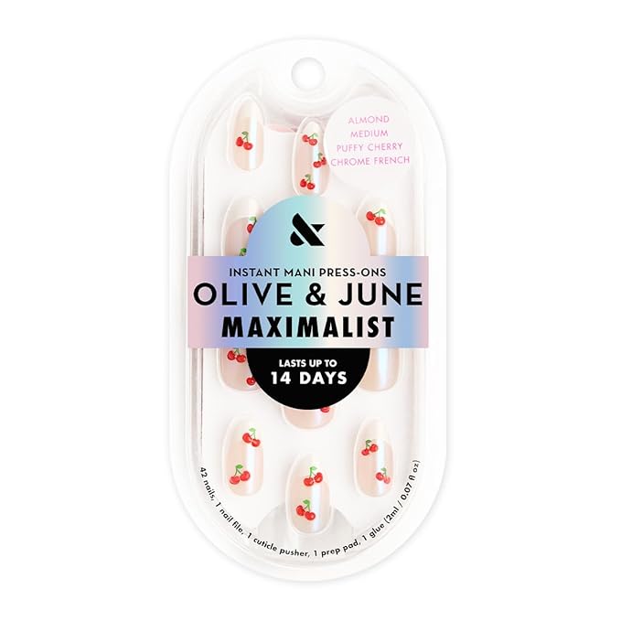 Olive & June Maximalist Instant Mani Press-On Nails (Glue) | 42 Fake Nails, 21 Sizes | Non-Toxic, Long-Lasting Big, Bold Gorgeous | Salon-Quality at Home | Medium, Almond | Puffy Cherry Sharp French