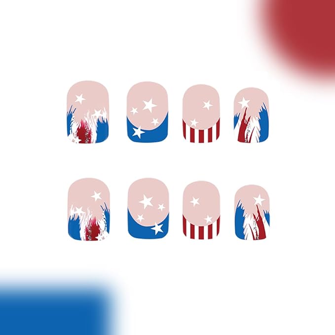 24Pcs Independence Day Press on Nails French Tip Fake Nails Short Square False Nails with Stripe Tip Designs Five-Pointed Star Stick on Nails Full Cover Reusable Acrylic Nails for 4th of July