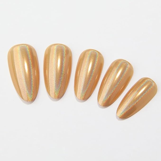 24Pcs Gold Holographic Acrylic Press on Nails Short Almond - Reusable Fake Nails with Nail Glue Kit, Long Lasting Chameleon Static Nails for Women Daily Wear & Parties (Glossy Laser Design)