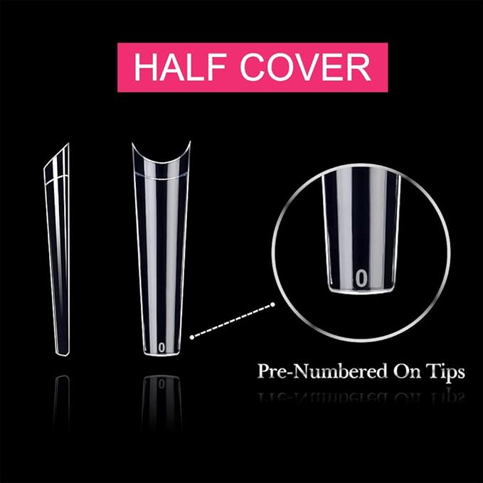 500Pcs XXL No C Curve Coffin Tips for Acrylic Nails Professional Set, Clear Half Cover Long Fake Nails, Ballerina Shaped French Tips for Salon and DIY Art 10 Sizes
