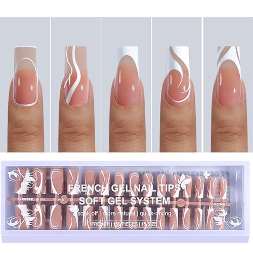 150pcs Square Press on Nails for Women, OPKssnails 5 Style Long French Tip Press on Nails, Pre-Designed Swirl French Tip Nails, Acrylic Gel Nail Tips, Fake Nails Extension for Nail DIY