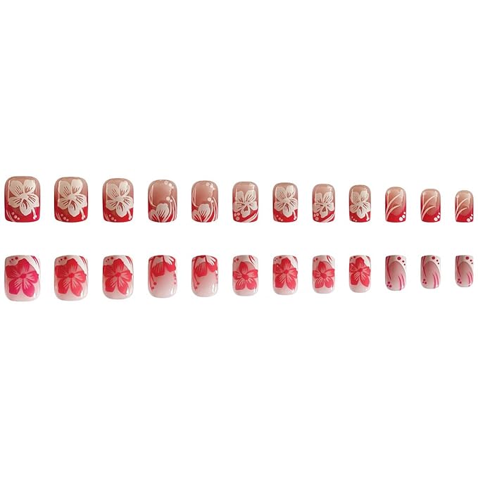 Pink White French Tip Press on Nails Flower Fake Nails Short Square False Nails Spring Summer Glue on Nails Full Cover Artificial Stick on Nails for Women Girls DIY Manicure Salon 24Pcs