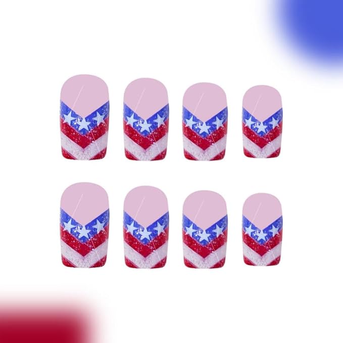Independence Day Press on Nails Medium Square False Nails with Red Blue American Flag French Tips Design White Star Fake Nails Glossy Glitter 4th of July Glue on Nails for Women Girls Manicure 24Pcs