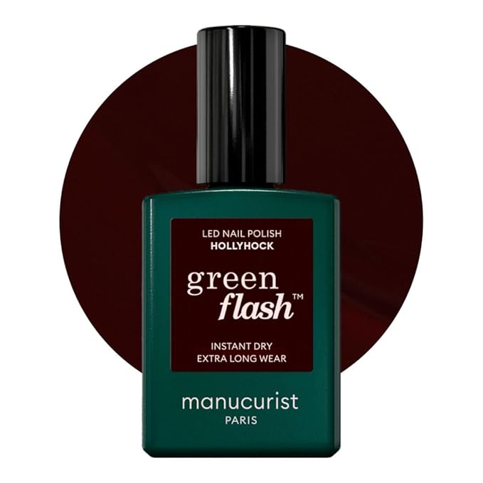 Manucurist Green Flash LED Hollyhock - Black Cherry Red Gel Nail Polish - Blackish Red Gel Polish - Vegan, 12-Free, Plant-Based - Strengthens and Protects the Nail - Made in France - 0.5 fl oz