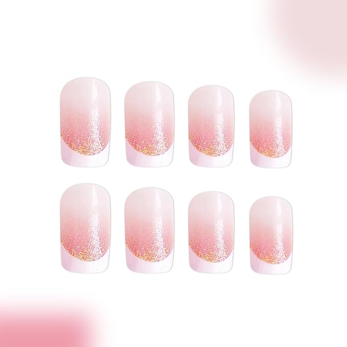 French Tip Press on Nails Medium Square Fake Nails Red Ombre Nails Press ons with Gold Glitter Design Reusable Artificial Nail Glossy Full Cover Glue on Nail Stick on Nails for Women Manicure 24Pcs