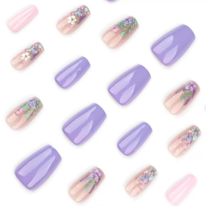 Press on Coffin Nails - Medium Fake Nails with Flower Design - Purple False Nails Press ons - for Women 24 Pcs
