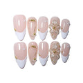10 Medium Almond Handmade Press On Nails | Romantic Nude Pink French Tip Fake Nails with 3D Floral, Gold Line & Pearl Accents | Easy Apply & Remove, Reusable Salon Quality Nails(5U13, S)