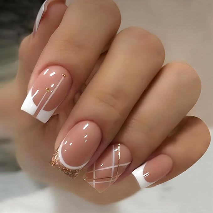 French Tip Press on Nails Medium Length Fake Nails Square Nails Press ons with Gold Glitter Design Reusable Artificial Nail Full Cover Glue on Nail Stick on Nails for Women Manicure 24Pcs