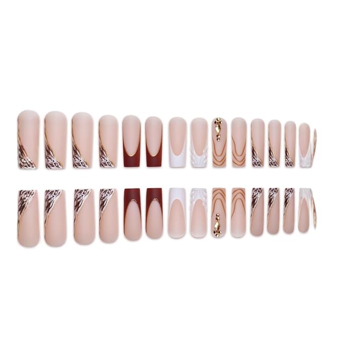 Brown Press on Nails Long Square Fake Nails French Tip False Nails Press ons Fall Stripes Acrylic Nails Matte Full Cover Stick on Nail for Women Manicure Deco 24Pcs