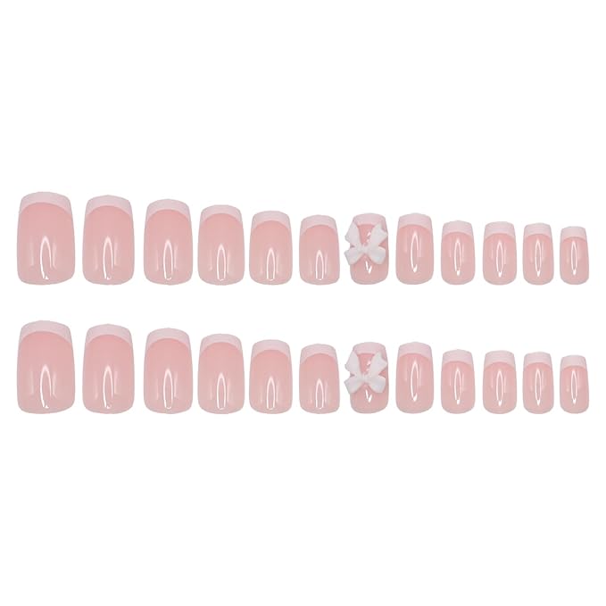 Press on Nails Short Square MABKJLF White French Tip Fake Nails False Nails with Designs Bow Charm Glossy Glue on Nails Stick on Nails Acrylic Nails for Women Girls 24 Pcs