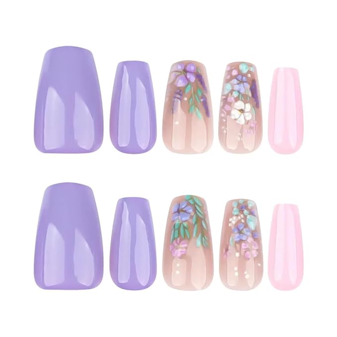 Press on Coffin Nails - Medium Fake Nails with Flower Design - Purple False Nails Press ons - for Women 24 Pcs