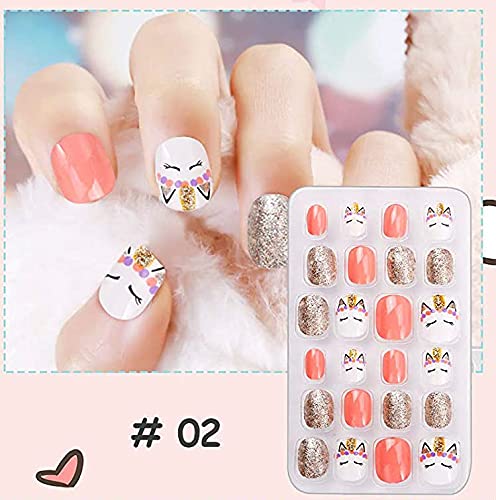 Rain Bingo 72 Pieces False Nails Press on Nails for Kids- Unicorn Short Fake Artificial Full Cover Nail Art Kits Transation with Nail Glue Tabs for Girls Children