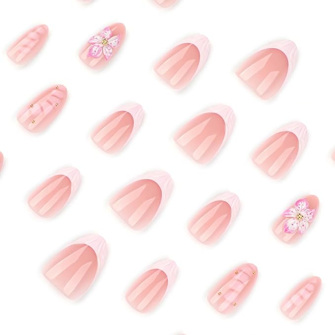 Short Almond Press on Nails Pink Flower Fake Nails Spring Summer Nails Press ons with Design,Reusable Artificial Nail Full Cover Stick on Nails for Women Manicure 24Pcs