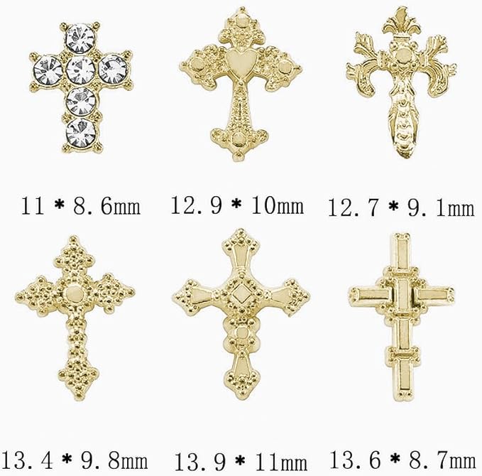 3D Cross Nail Charms for Nail Art, 60 Pcs Metal Crystal Cross Nail Decorations, Alloy Nail Studs and Rhinestones for Women Girl DIY Jewelry Crafts Supplies (Gold)