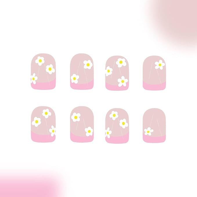 Pink French tip Press on Nails Short Square Fake Nails with Cute White Flower Design Glue on Nails Nude Stick on Nails Glossy Spring Nails Acrylic Summer False Nails for Women Girls Manicure 24 Pcs